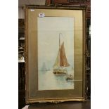 19th century Swept Gilt Framed Watercolour Fishing Boats in Calm Seas, 50cms x 25cms