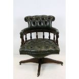 Late 19th / Early 20th century Office Swivel Chair with Buttoned Green Leather Upholstery