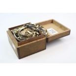 Oak cigarette box containing a collection of vintage Watches, Costume Jewellery etc, much of it