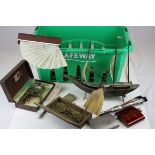 Mixed Lot including Model of a Chinese Junk, Hand Fans, Hip Flasks, Vesta Case, etc