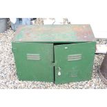 A green painted two door industrial cabinet.