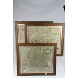 Three antique oak framed hand coloured maps by Christopher Saxton Leicestershire ,Bedford and