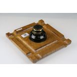 Birds Eye Maple Standish / Pen Stand fitted with an Earlier Blue Glass Inkwell, 24cms wide