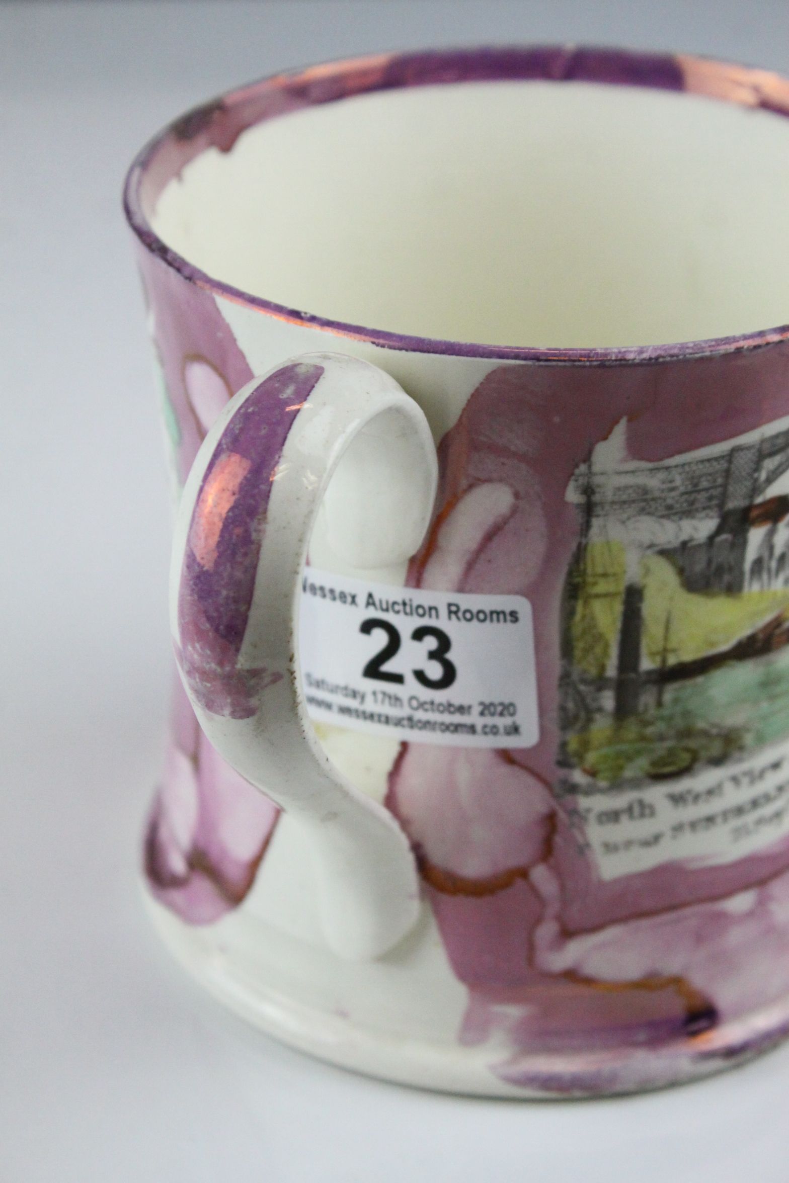 19th century Sunderland Pink Lustre Mug decorated with a scene of the North West View of the Cast - Image 5 of 8