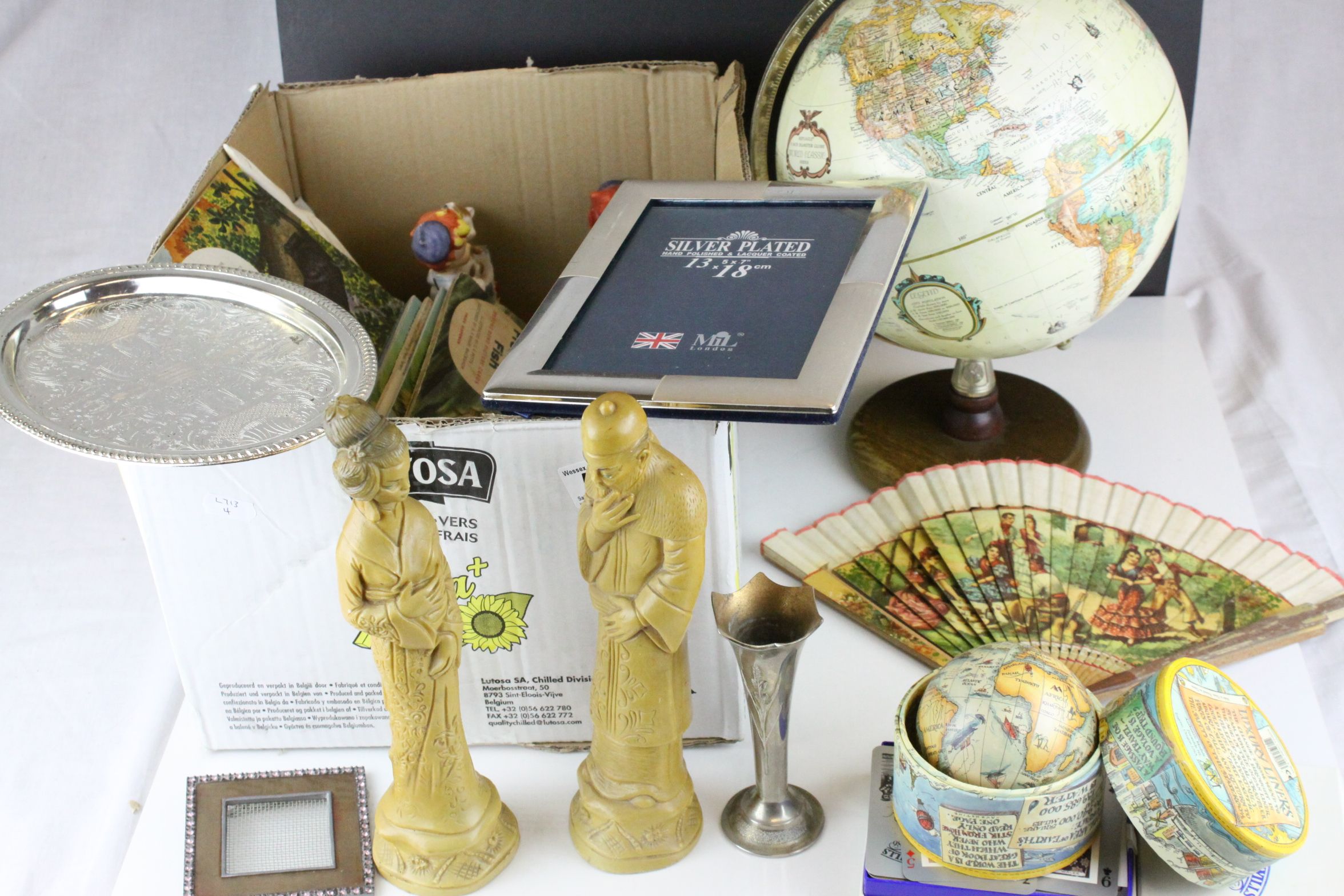 Box of Mixed Collectables including Oriental Figures, Brooke Bond Tea Cards, Boxed Globe, etc