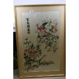 Large Oriental Birds and Flowers Embroidery on Silk, signed, 90cms x 60cms