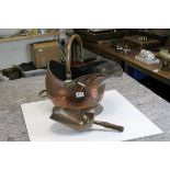 19th Copper Helmet Shaped Coal Scuttle with a Copper Scoop