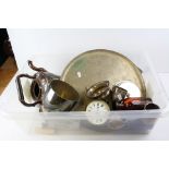 A quantity of items to include Silver trophys af ,clock movement, bargeware teapot, glass bottles