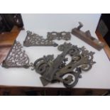 Collection of Cast Iron and Metal Hinges and Brackets with Scrolling Designs together with a