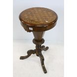 Victorian Walnut and Inlaid Trumpet Shaped Sewing and Games table, the circular hinged top with