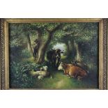 Large Victorian Style Oil Painting on Board of Boy playing Whistle with Cattle and Sheep, 29cms x