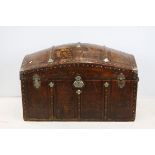 Large Leather Covered Wooden Domed Top Trunk with Leather Carrying Handles, 111cms wide x 74cms