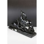 In the manner of Charles Lemanceau for St. Clement, Art Deco Black Glazed Ceramic Antelopes, 46cms