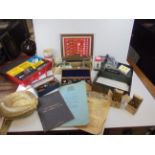 Tray of Mixed Collectables including Military Buttons, Baseball Glove, Ice Skates, Wooden Boxed