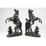 A pair of antique spelter Marly horses and grooms.