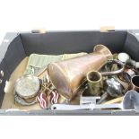A box of sundries to include Art Nouveau copper jug, other copper ware, an Acme whistle and two