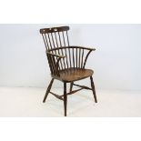 19th century Provincial Stick-back Elbow Chair with Burr Elm Seat, 91cms high