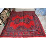 Red Ground Wool Rug with Stylised Pattern , approx. 6' x 5'9"