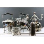 Christopher Dresser Style Silver Plated Spirit Kettle with Burner and Stand together with a quantity