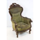 Victorian Style Heavily Carved Spoon Back Armchair with Green Suede Upholstery, 112cms high