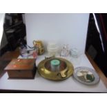 A quantity of ceramics metalware and glass to include 19th century seated lady ,brass and copper
