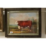 Oak Framed Oil Painting Study of a Hereford Breed Bull in a Field, 30cms x 40cms