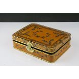 Oriental Leather Box with Brass Mounts and Hand Painted Flowers, 22cms wide
