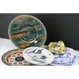 A group of plates to include Cauldon Aesthetic with bird decoration,a tin glazes blue and white