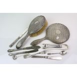 Quantity of Mixed Silver Items to include Sugar Tongs, Brush and Mirror Set, Spoons, etc