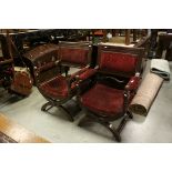 Pair of Victorian X-Frame Throne Style Open Armchairs with red upholstered backs, arm rests and