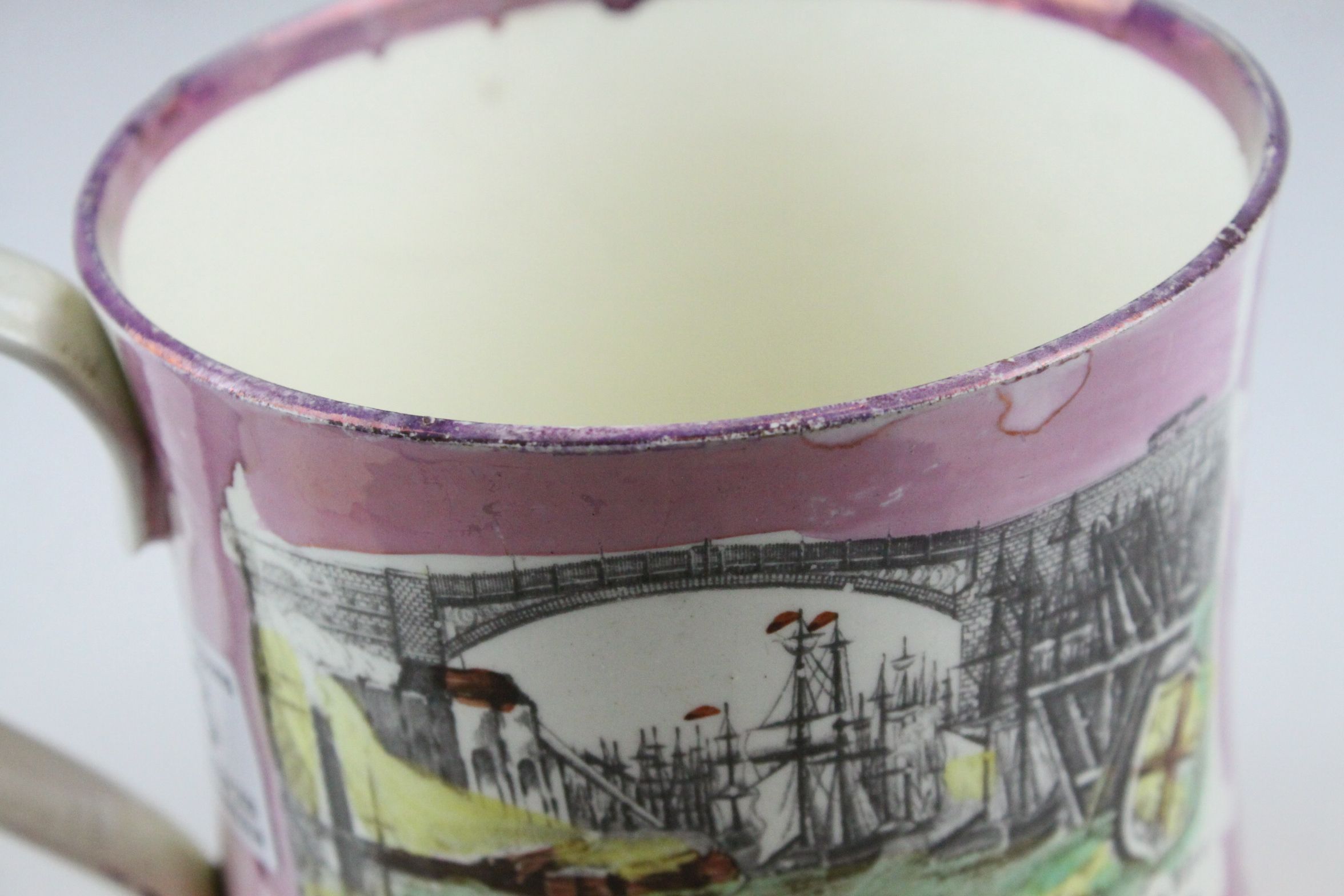 19th century Sunderland Pink Lustre Mug decorated with a scene of the North West View of the Cast - Image 4 of 8