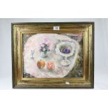 D. Matthews F.R.S.A, Oil Painting on Board Still Life of Figs and Pommegranite initialled lower