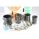 Quantity of Silver Plate including Wine Cooler, Tankards, plus a Few Silver Teaspoons, Map Measure