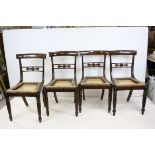 Set of Four Regency Rosewood Dining Chairs, the drop-in seats in need of upholstering, raised on