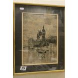An early 20th century pen and ink painting of Big Ben from the Thames 32 x 23 cm.