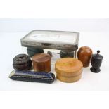 A box of mixed collectables to include a selection of small treen boxes and a vintage leather