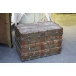 Large 19th century Canvas covered and Wooden Bound Travelling Trunk, 82cms wide x 59cms wide