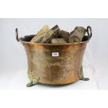 Large Antique Copper Log Basket with Three Brass Paw Feet, 54cms diameter