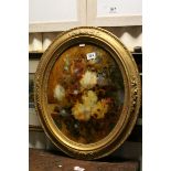 19th century Fine Oval Framed Canvas Study of a Bouquet of Flowers on a Ledge