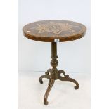 19th century Walnut Circular Pedestal Table with Marquetry Inlaid Top and raised on three shaped