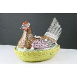 19th century Staffordshire Pottery Hen on Nest Egg Basket and Cover, 30cms long