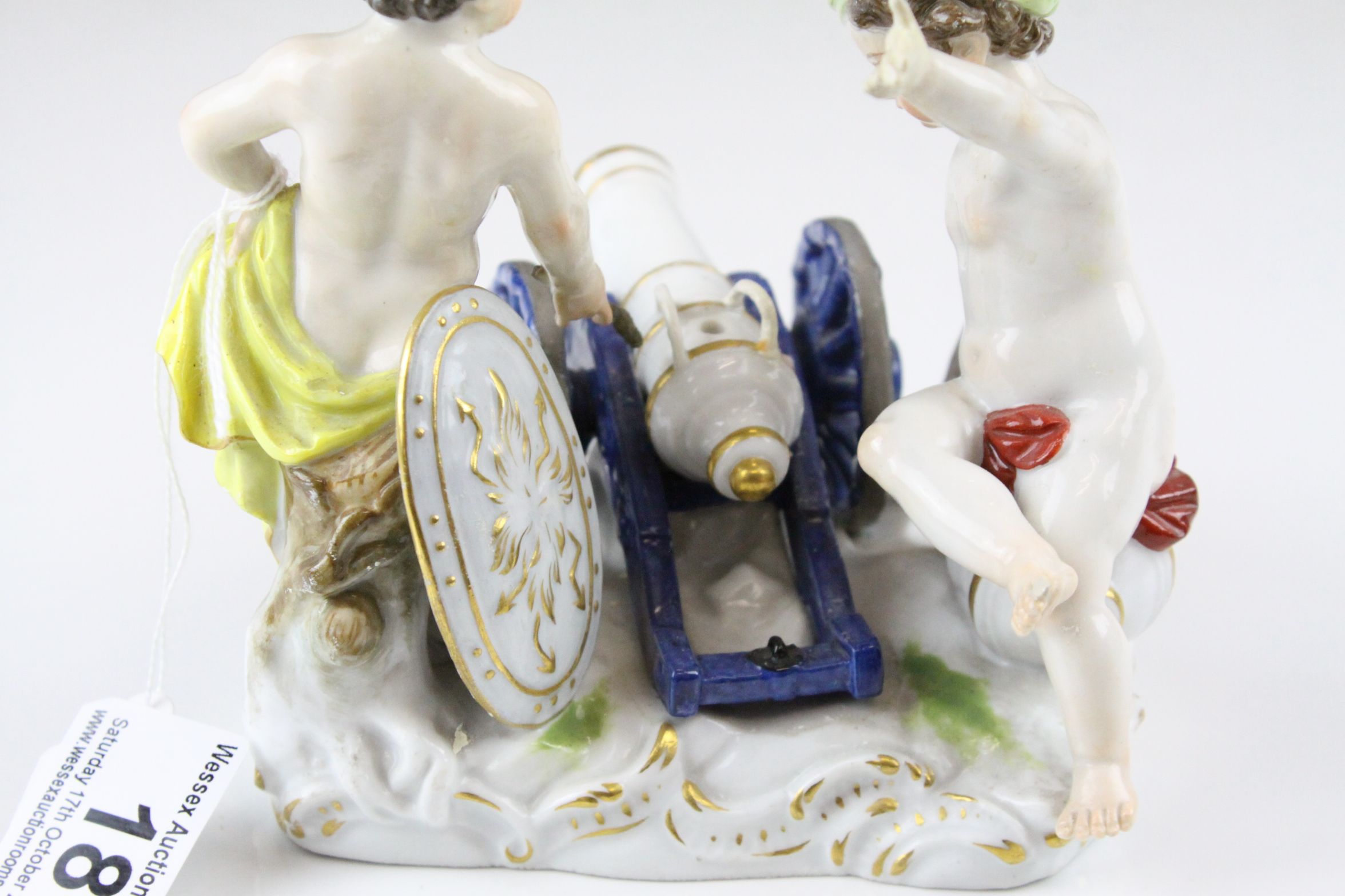 Meissen Porcelain Figure Group of Two Children / Infants firing a Cannon, the base decorated with - Image 5 of 7