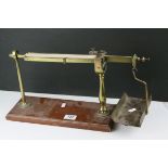 Set of Brass Balance Scales with single pan, on wooden plinth base