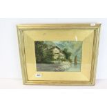 19th century Gilt Framed Continental Oil Painting, Lake View with Sailboat, Chalet and Figures