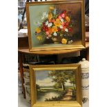 Oil Painting on Canvas of Still Life Floral Display signed Robert Cox together with Signed Landscape