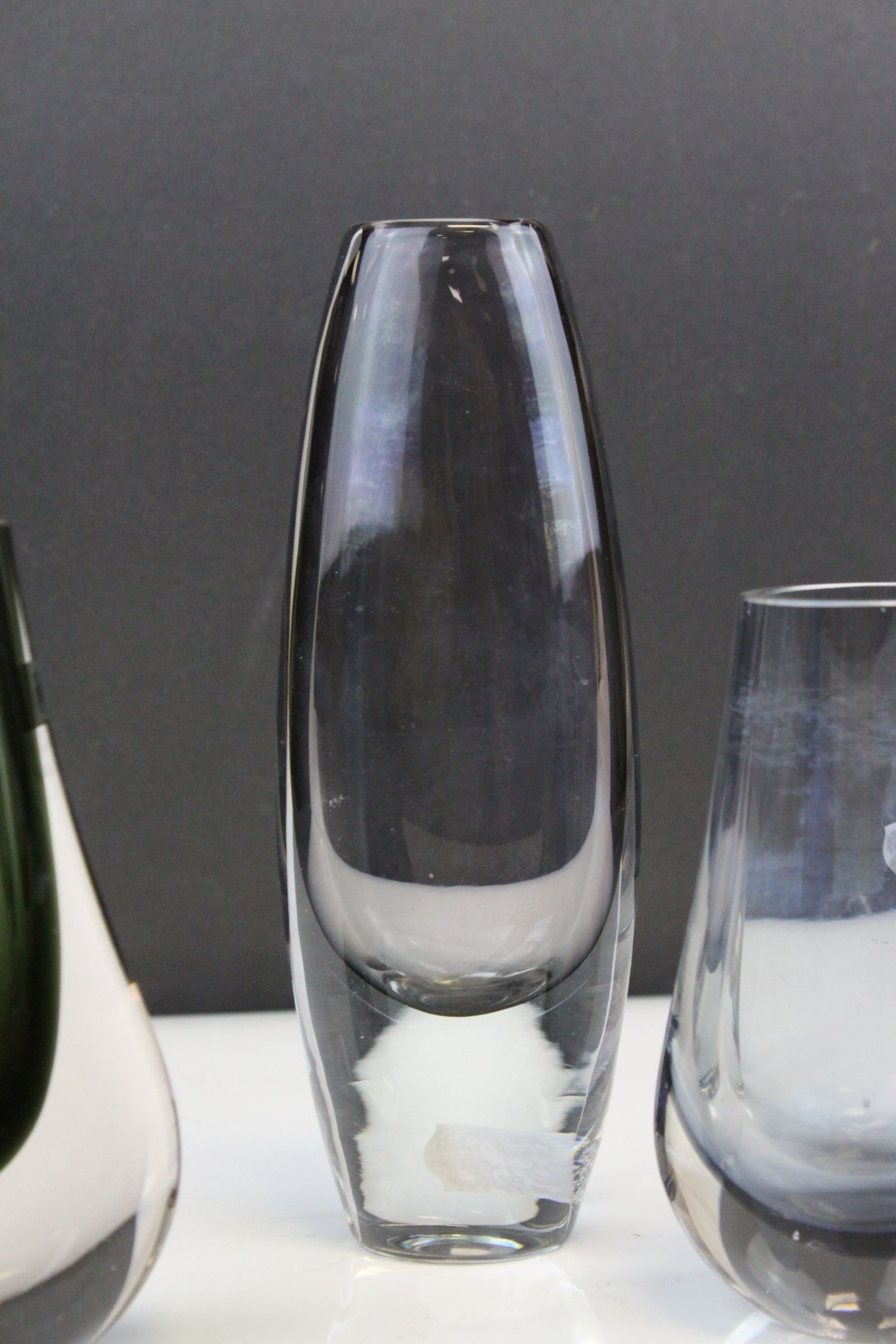 Three Whitefriars Smokey Glass Vases, tallest 20cms high together with a Studio Blue Glass Vase - Image 3 of 10