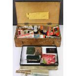 Wooden Sewing Box containing Vintage Sewing Paraphernailia (cotton reels, needles, hooks, etc)