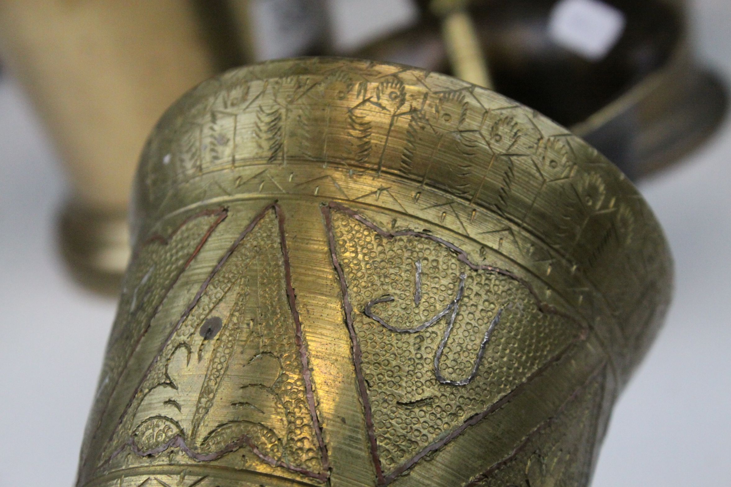 Large 19th century Brass / Bell Metal Pestle and Mortar, 17cms diameter together with another Bell - Image 3 of 8