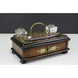 Victorian Walnut Standish with Brass Mounts and Inkwells, 25cms wide