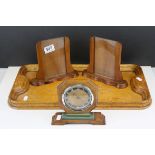 A pair of art deco photo frames similar clock and an oak tray.
